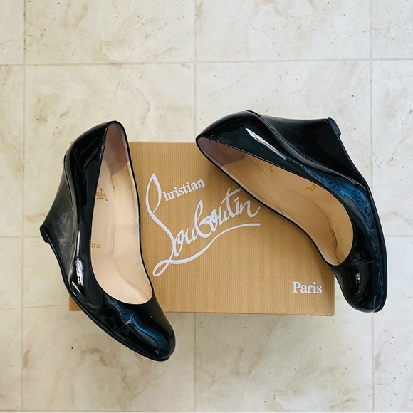 Christian Louboutin Shoes - Christian Louboutin Made in Italy Black Patent Leather Round Toe Wedges as 7/37